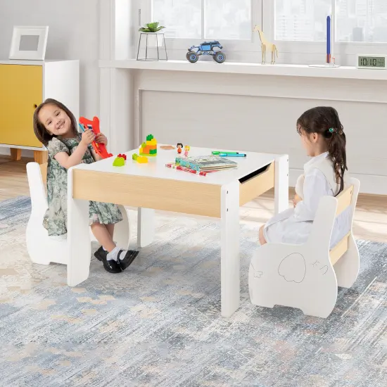 4-in-1 Wooden Activity Kids Table and Chairs with Storage and Detachable Blackboard-White {5}