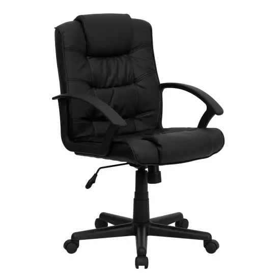 Emma and Oliver Mid-Back Leather Ripple and Accent Stitch Upholstered Swivel Task Office Chair with Arms Black {1}