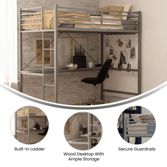 Emma and Oliver Jensen Metal Loft Bed Frame with Desk, Protective Guard Rails and Ladder for Kids, Teens and Adults Gray {2}
