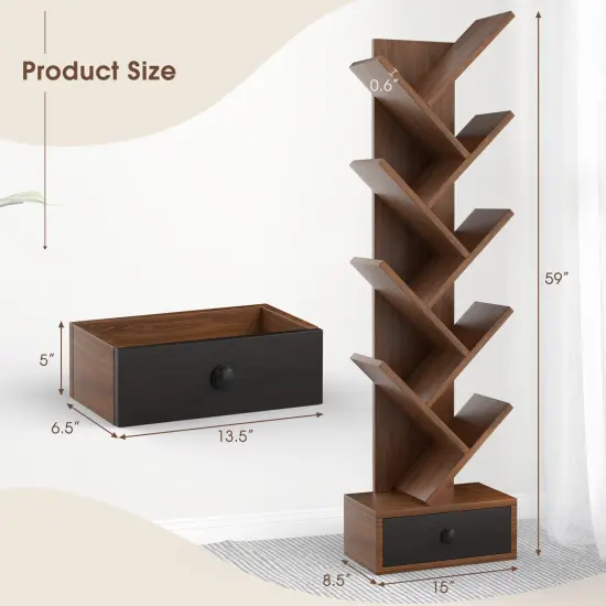 10-Tier Tree Bookshelf with Drawer and Anti-Tipping Kit Brown {5}