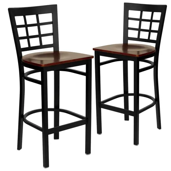 Emma and Oliver 2 Pack Window Back Metal Restaurant Barstool Mahogany/BlackMetal {1}