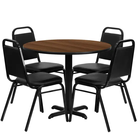 Emma and Oliver 36" Round Laminate X-Base Table Set with 4 Banquet Chairs NaturalTop/BlackVYL {3}