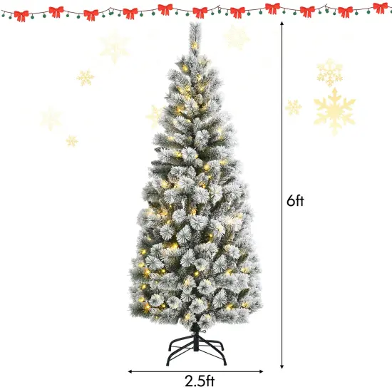 Costway 6FT Pre-Lit Hinged Christmas Tree Snow Flocked w/9 Modes Remote Control Lights {3}