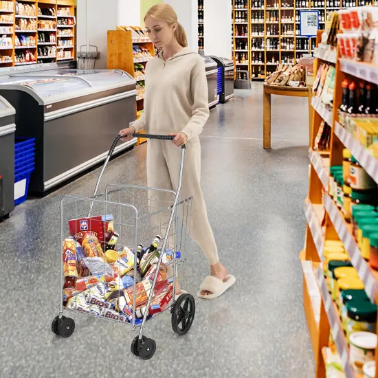 Folding Shopping Cart for Laundry with Swiveling Wheels & Dual Storage Baskets Silver {3}