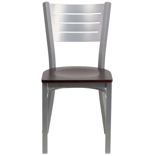 Emma and Oliver Silver Slat Back Metal Restaurant Dining Chair MahoganySeat/Silver {2}