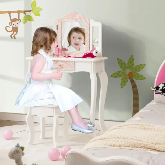 2-in-1 Kids Vanity Table Set with Tri-folding Mirror-Pink {2}