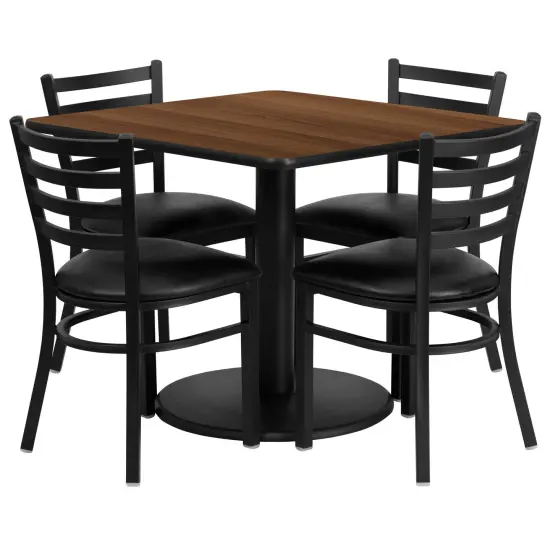 Emma and Oliver 36" Square Laminate Round Base Table Set with 4 Ladder Back Chairs WalnutTop/BlackVinyl {1}
