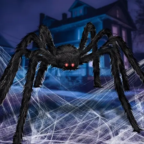 JOYIN 6.4ft Halloween Hairy Spider Outdoor Decorations,Light-up LED Eyes Scary Giant Spider Fake Large Spider Hairy Spider Props for Halloween Yard Decorations Party Outdoor and Outdoor Decor, Black {4}