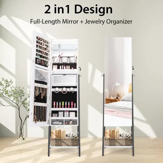 Freestanding Full-Length Mirror Jewelry Cabinet with Metal Tube Frame and 3 Color LED Lighting White {6}