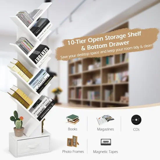 10-tier Tree Bookshelf with Drawer Free-standing Storage Bookcase White {6}