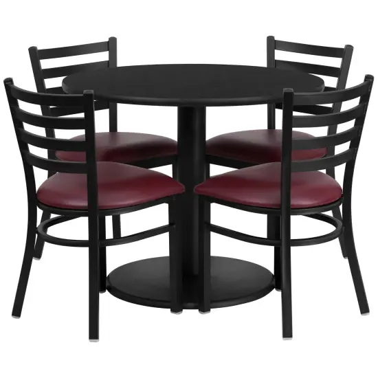 Emma and Oliver 36" Round Laminate Table Set with 4 Ladder Back Metal Chairs BlackTop/BurgundyVYL {1}