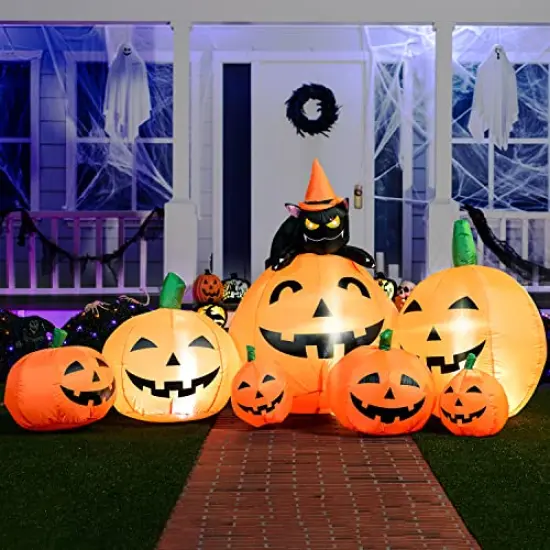 Joiedomi 7 FT Long Halloween Inflatables Pumpkin, 7 Pumpkins Decoration with Witch's Cat with Build-in LEDs Blow Up Inflatables for Halloween Party Outdoor, Yard, Garden, Lawn Decorations {1}