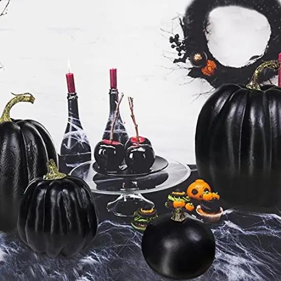 Winlyn 7 Pcs Assorted Artificial Black Pumpkins Halloween Pumpkins Faux Rustic Decorative Foam Pumpkins for Fall Halloween Thanksgiving Tabletop Centerpiece Mantel Kitchen Decor {5}