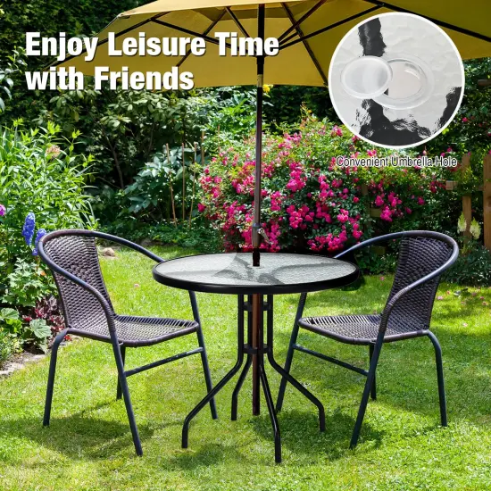 32 Inch Outdoor Patio Round Tempered Glass Top Table with Umbrella Hole {2}