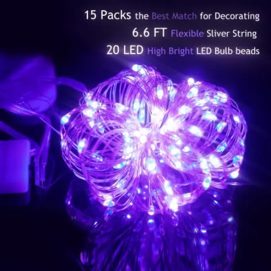 15 Packs 20 Led Purple Fairy Lights Battery Operated 6.6ft Silver String Lights Waterproof Firefly Starry Light for DIY Table Centerpieces Wedding Halloween Christmas Party Decor {3}