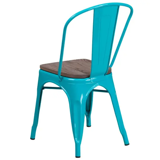 Merrick Lane Calumet Metal Stacking Chair with Curved, Slatted Back and Rustic Wood Seat Crystal Teal-Blue {3}