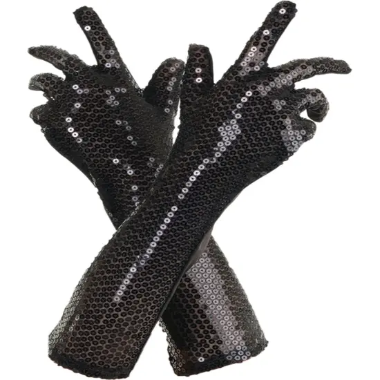 Women's Black Sequin Gloves Costume Accessory {1}