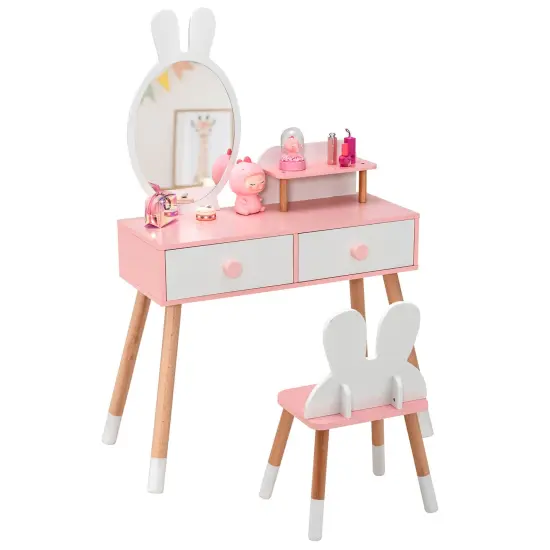 Kids Vanity Table and Chair Set with Drawer Shelf and Rabbit Mirror White {1}