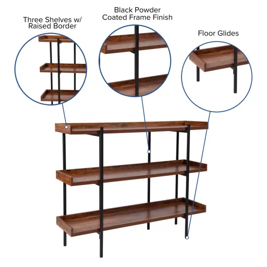 Merrick Lane Madison Industrial Style 3 Tiered Shelving Unit With Metal Frame and Raised Border - 35"H Rustic {2}