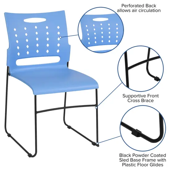 Emma and Oliver Home Office Plastic Accent Sled Base Stack Chair - Air-Vent Back Blue {2}