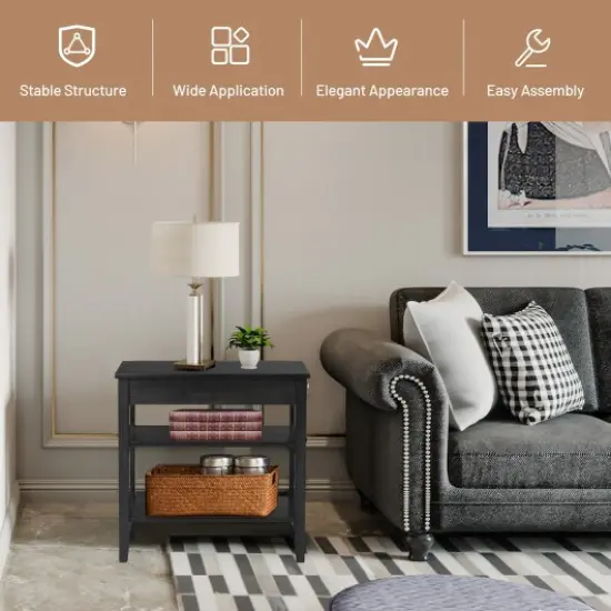 Side End Table with Drawer and 2-Tier Open Storage Shelves for Space Saving {3}