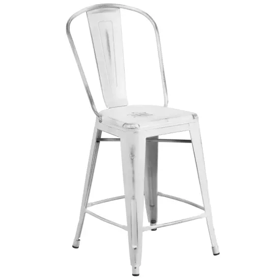 Merrick Lane Sabine Metal Indoor-Outdoor Counter Stool with Vertical Slat Back and Integrated Footrest White {1}