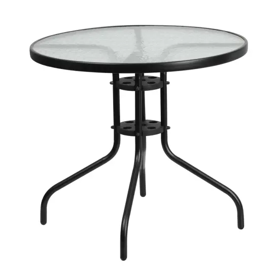 Emma and Oliver 31.5" Round Tempered Glass Metal Table with Smooth Ripple Design Top Clear/Black {1}