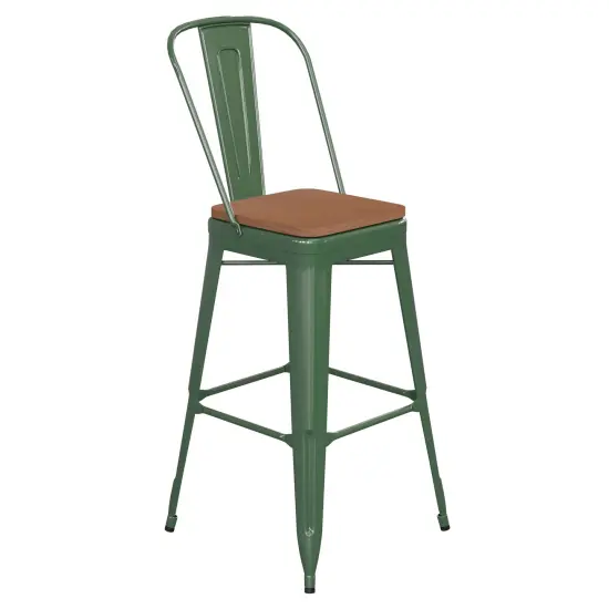 Emma and Oliver Kam Metal Indoor-Outdoor Stool with Removable Back and All-Weather Polystyrene Seat Green/Teak {1}