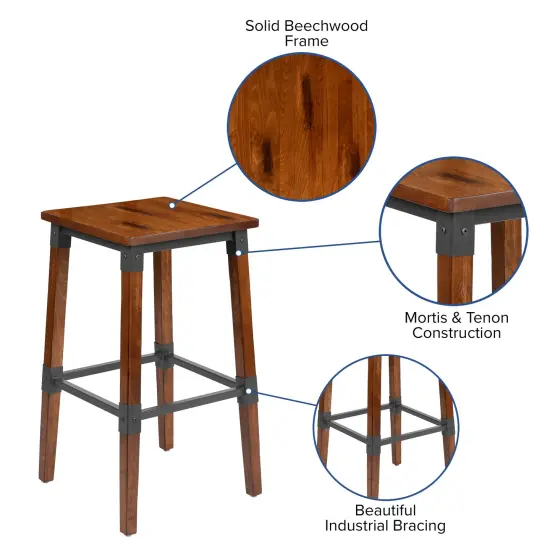 Merrick Lane Breton Backless Bar Height Stools with Steel Supports and Footrest - Set Of 4 Walnut Brown {2}
