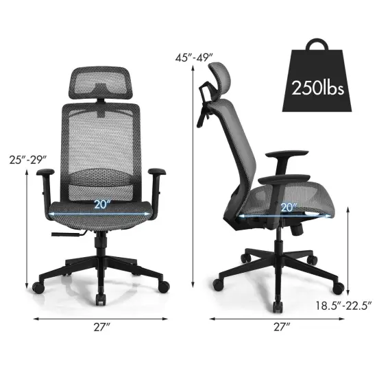 Height Adjustable Ergonomic High Back Mesh Office Chair with Hanger Grey {4}