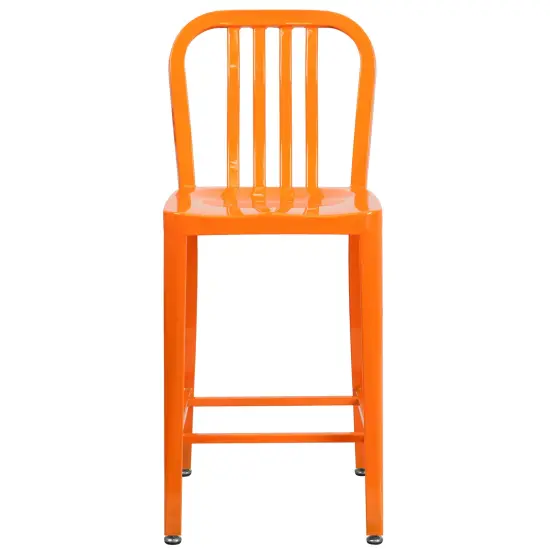 Merrick Lane Santorini Galvanized Steel Indoor/Outdoor Counter Bar Stool With Slatted Back And Powder Coated Finish Orange {3}