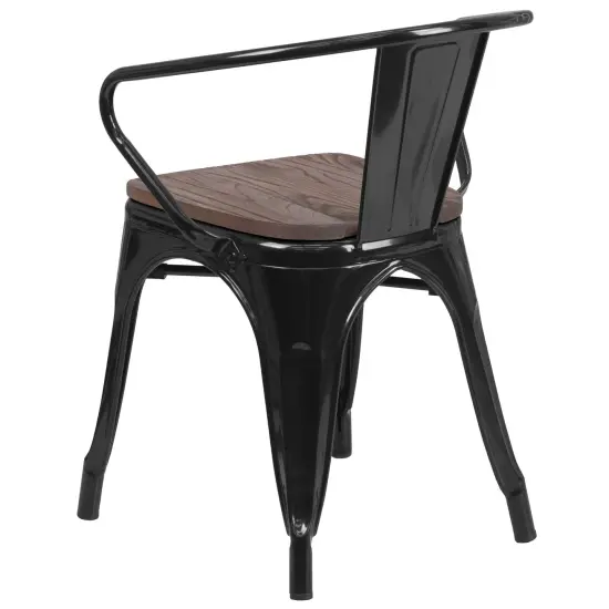 Emma and Oliver Metal Chair with Wood Seat and Arms Black {4}
