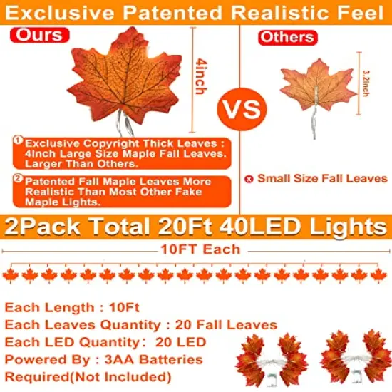 2 Pack Fall Decor Enlarged Maple Leaf Fall Lights Thick Leaf Garlands,Total 20Ft 40LED Lights Battery Operated Waterproof Fall Decorations Home Indoor Outdoor Autumn Thanksgiving Halloween Decor {6}