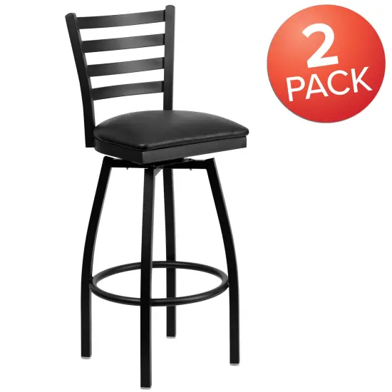 Emma and Oliver 2 Pack Ladder Back Swivel Metal Barstool BlackVYL/BlackMetal {5}