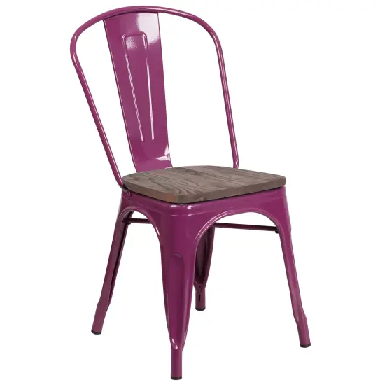 Merrick Lane Calumet Metal Stacking Chair with Curved, Slatted Back and Rustic Wood Seat Purple {1}