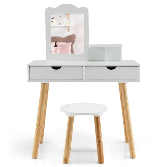 Kid Vanity Table Chair Set with Mirror and 2 Large Storage Drawers {1}