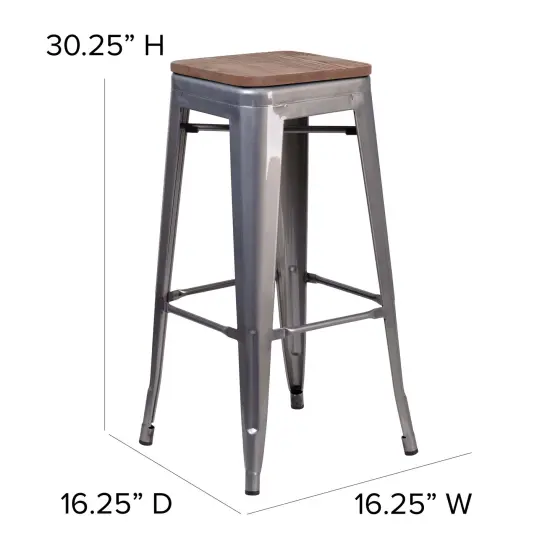 Merrick Lane Set of 4 Hamburg 30 Inch Tall Clear Coated Metal Bar Counter Stool With Textured Elm Wood Seat Clear Coated Gray {5}