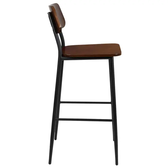 Merrick Lane Copenhagen Industrial Bar and Kitchen Stool with Gunmetal Steel Frame and Wood Seat Mahogany {5}