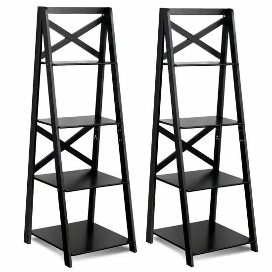 2 Piece MDF 4-Tier Ladder Shelf Bookshelf Rack for Home and Office White {7}