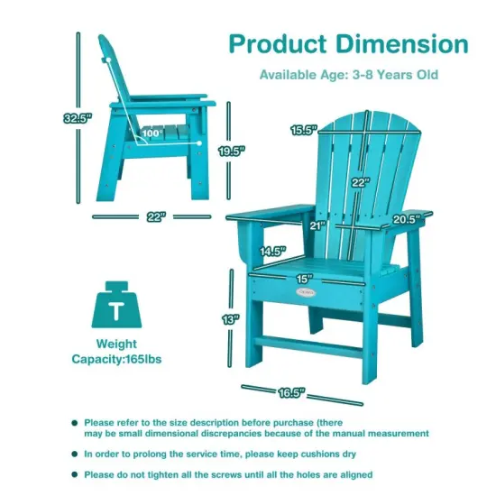 Kids Adirondack Chair with Ergonomic High Backrest and Wide Armrest Perfect Gift for Christmas or Birthdays Turquoise {3}