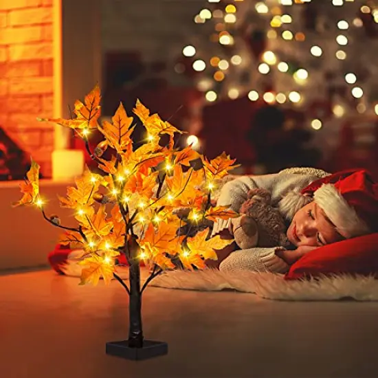 24-inch Fall Lighted Maple Tree with Acorns, 24 LED Lights, Battery Operated Thanksgiving Table Centerpieces Decoration Artificial Tree for Home Desktop Fireplace Autumn Harvest Tabletop Indoor Decor {6}