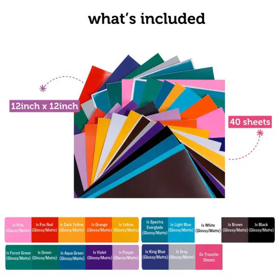Incraftables Permanent Vinyl Sheets (40pcs). Bulk Permanent Vinyl for Cricut Machine with Glossy, Matte & Transfer Sheets. Multicolor Self Adhesive Vinyl Sheets Sticker Paper Bundle for DIY Crafts {3}