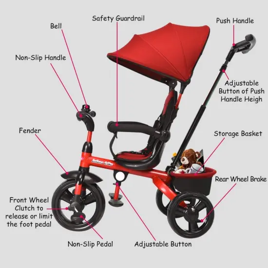 4-in-1 Kids Tricycle with Adjustable Push Handle Red {5}