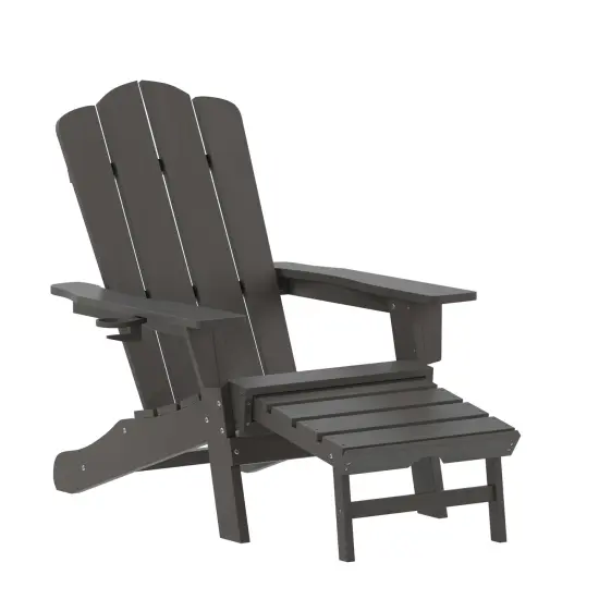 Merrick Lane Nassau Adirondack Chair with Cup Holder and Pull Out Ottoman, All-Weather HDPE Indoor/Outdoor Lounge Chair Gray {1}