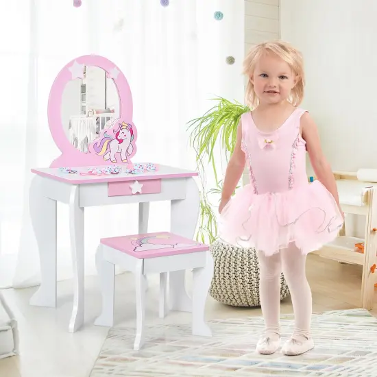 Kids Wooden Makeup Dressing Table and Chair Set with Mirror and Drawer White {6}