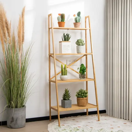 58 Inch 4-Tier Wicker Ladder Bookshelf-Natural {3}