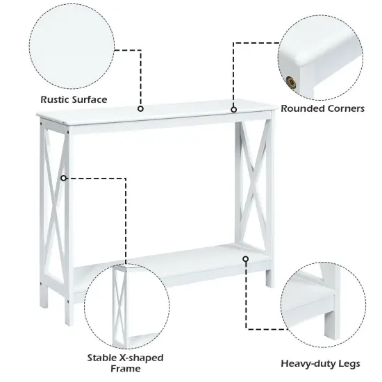 2-Tier Console X-Design Sofa Side Accent Table with Spacious Storage Space White {5}