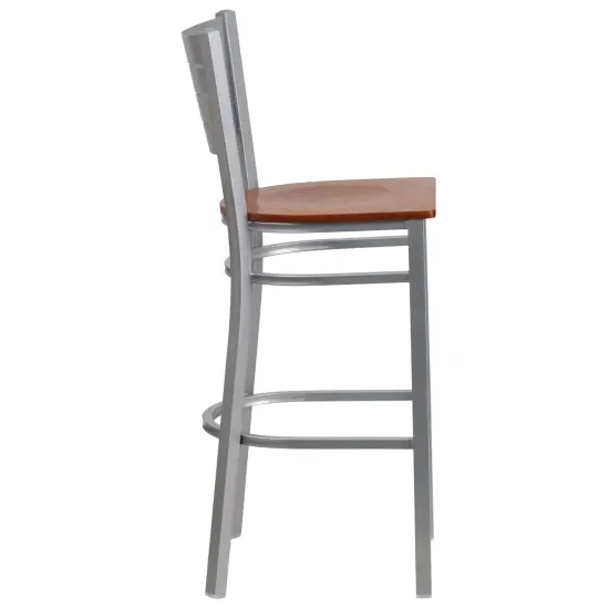 Emma and Oliver 2 Pack Silver Slat Back Metal Restaurant Barstool CherryWood/Silver {4}