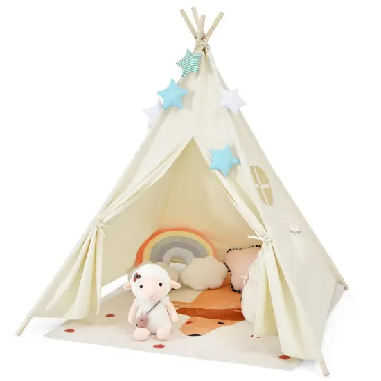 Beige Fold able Kids Canvas Teepee Play Tent with Wooden Support {1}