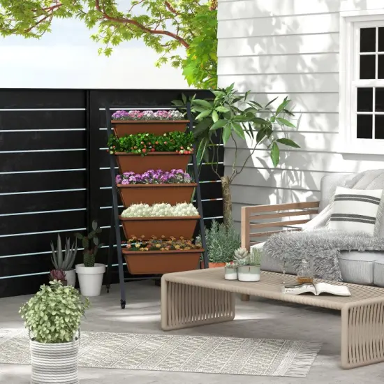5-Tier Vertical Raised Garden Bed with Wheels and Container Boxes-Brown {4}